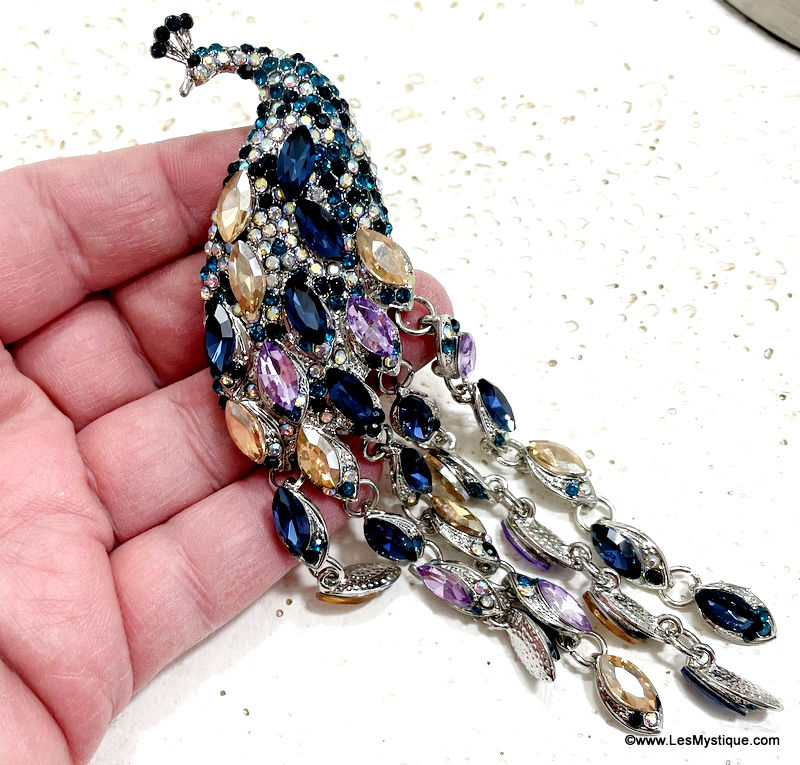 Thumbnail: 5" Glam Rhinestone Peacock Pendant or Brooch, Colorful Vintage Statement Jewelry