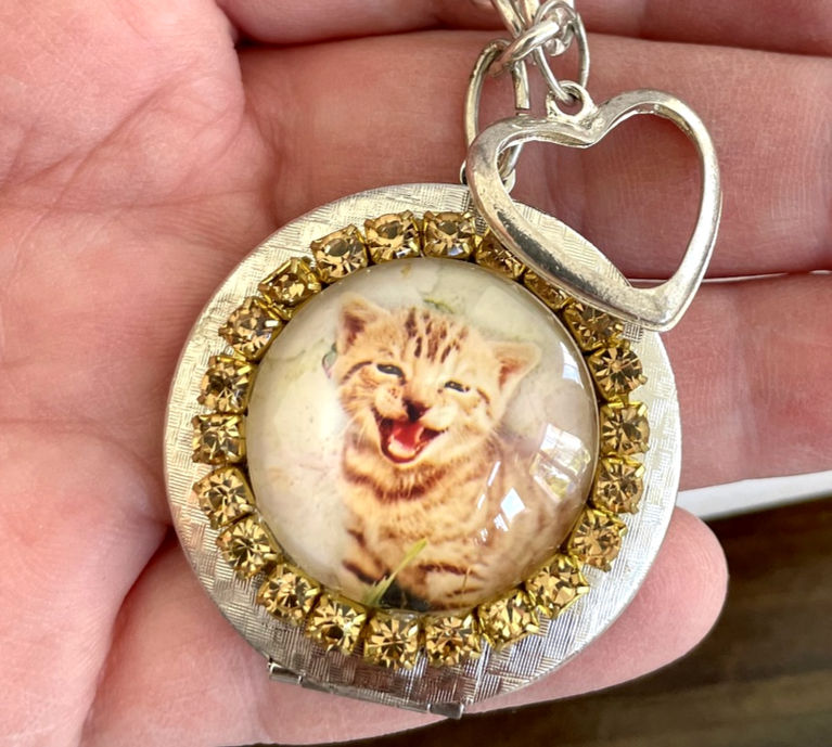 Thumbnail: Kitten Cameo Rhinestone Locket, Heart Charm Necklace Handmade Cat Jewelry