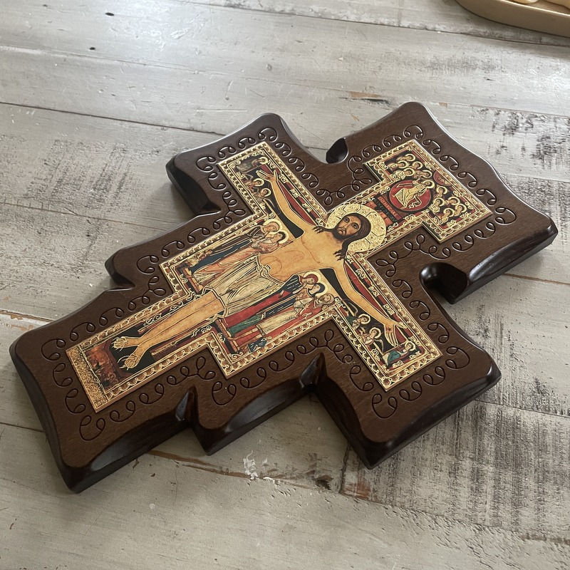 Thumbnail: Vintage San Damiano Crucifix, Carved Wood, Jesus Christ, Wooden Wall Cross