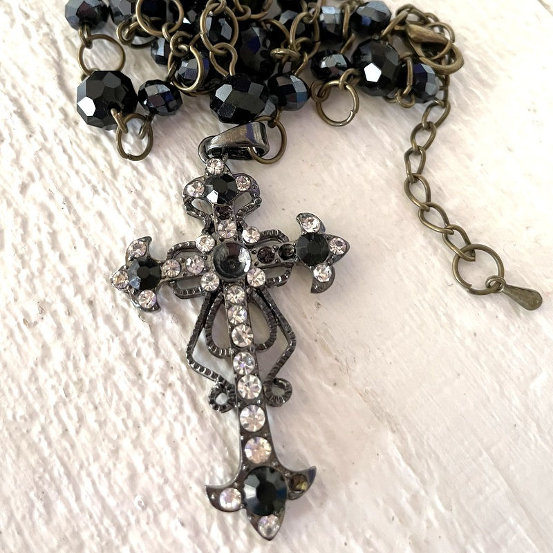 Thumbnail: Rhinestone Cross Necklace Black Glass Beads