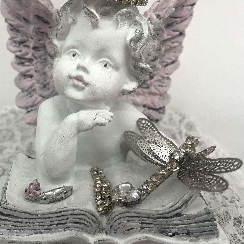 Thumbnail: Shabby Chic Cherub Statue, Crowned Jeweled Cherub w/ Dragonfly and Book