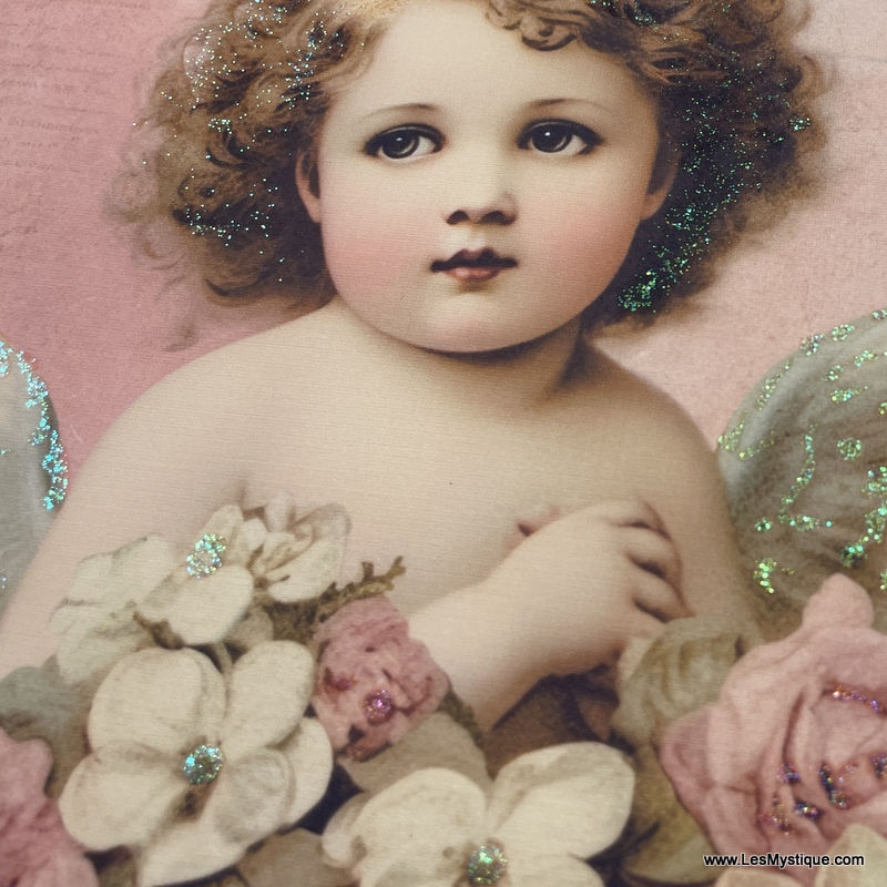 Thumbnail: Shabby Chic Cherub Print - Romantic Pink Victorian Angel w/ Glitter and Flowers