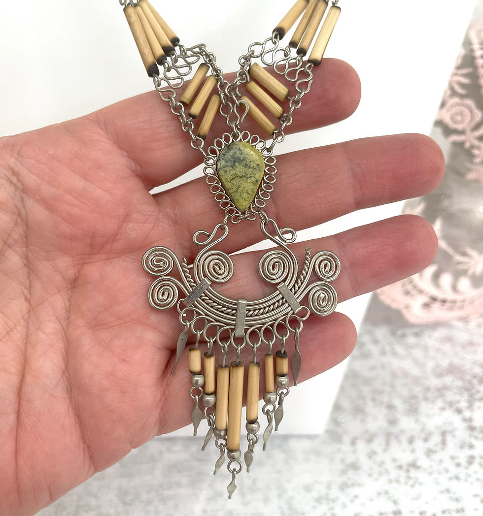 Thumbnail: Bamboo and Serpentine Jade Gemstone Necklace Handcrafted Statement Jewelry