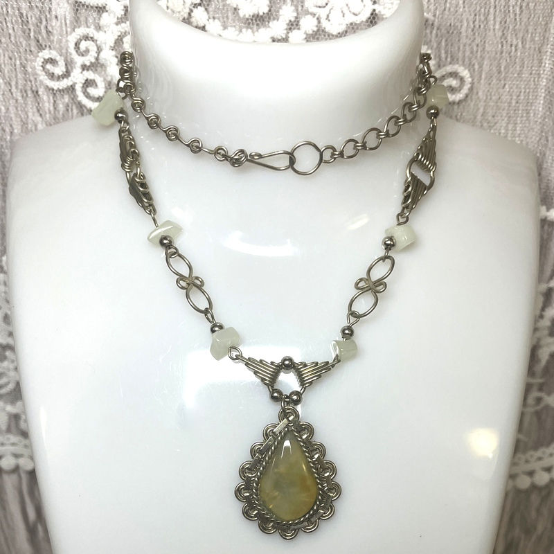 Peruvian Opal Dangle Necklace, Wire Wrapped, Gemstone Statement Jewelry