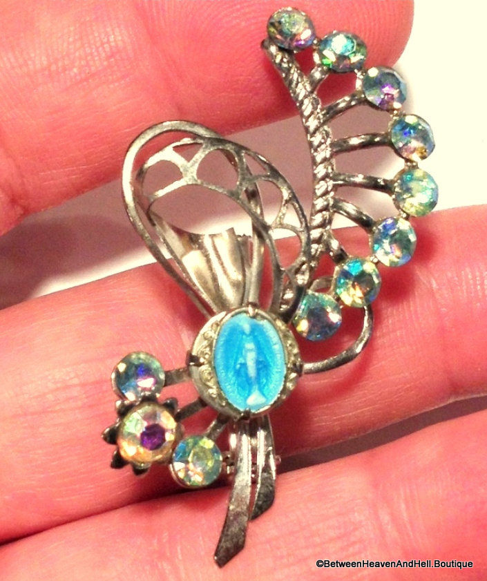 Thumbnail: Religious Jewelry Fancy Vintage AB Blue Rhinestone & Enamel Miraculous Medal Pin