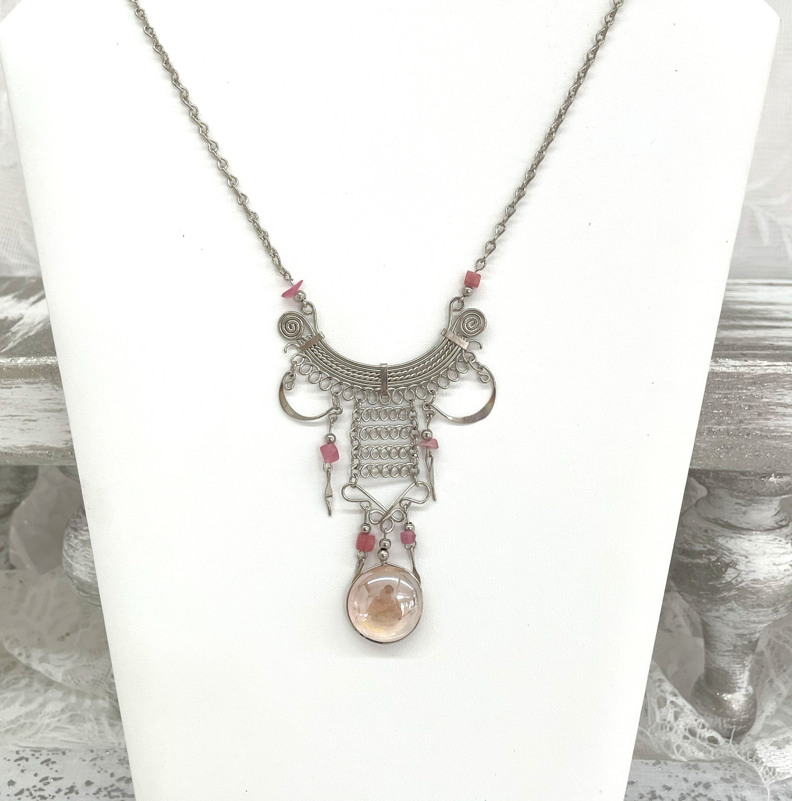 Handcrafted Necklace Pink Murano Glass and Agate Gemstone Statement Jewelry
