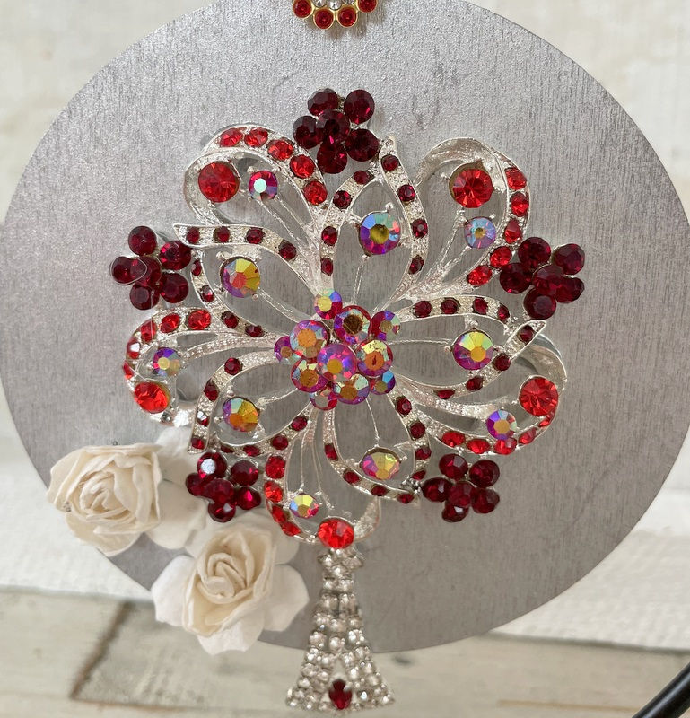 Thumbnail: Large Glam Red Rhinestone Ornament w/ Roses Shabby Christmas Decorations