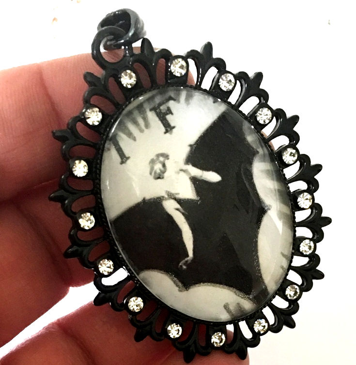 Thumbnail: Black & White Wearable Art Jewelry, IF, Deco Bat Lady Rhinestone Glitter Pendant