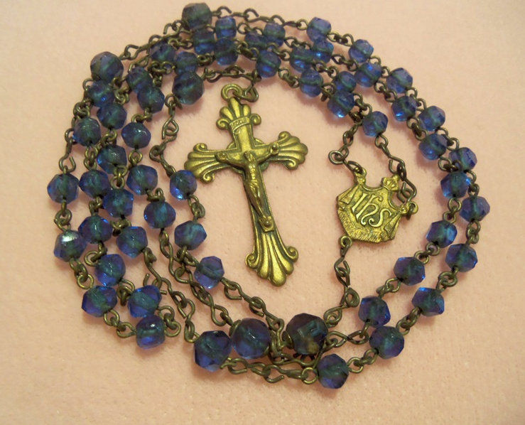 21" Antique Blue Glass Rosary Beads Vintage Brass Rosaries
