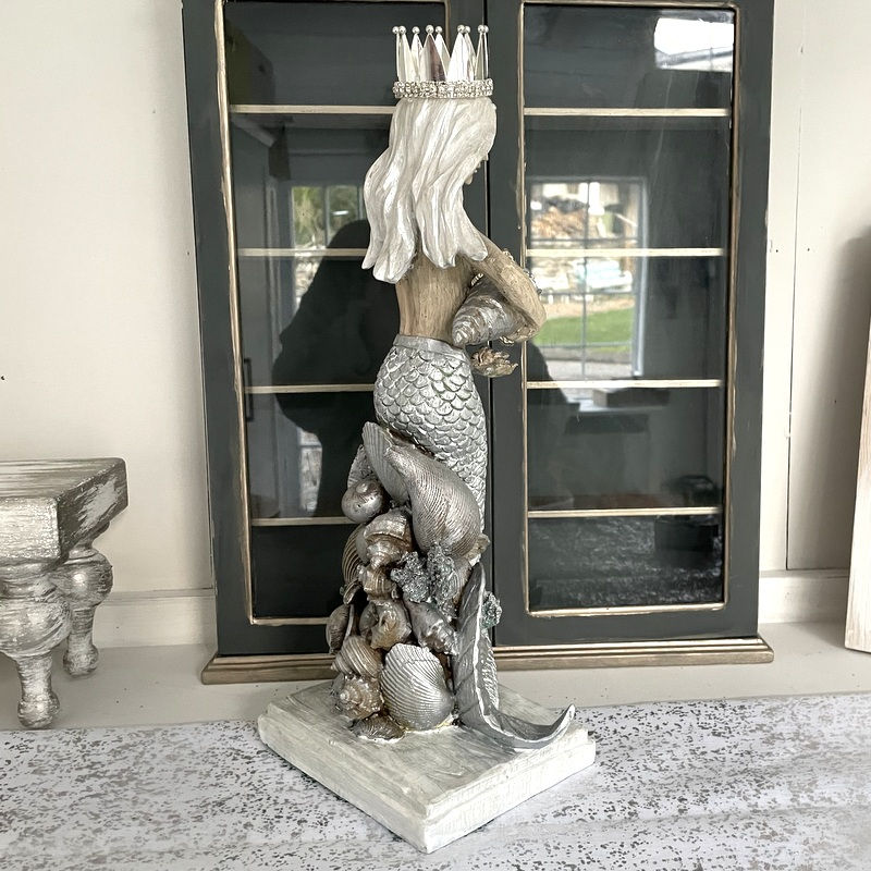 Thumbnail: Crowned Mermaid Statue Silver & White Shabby Distressed Beachy Decor