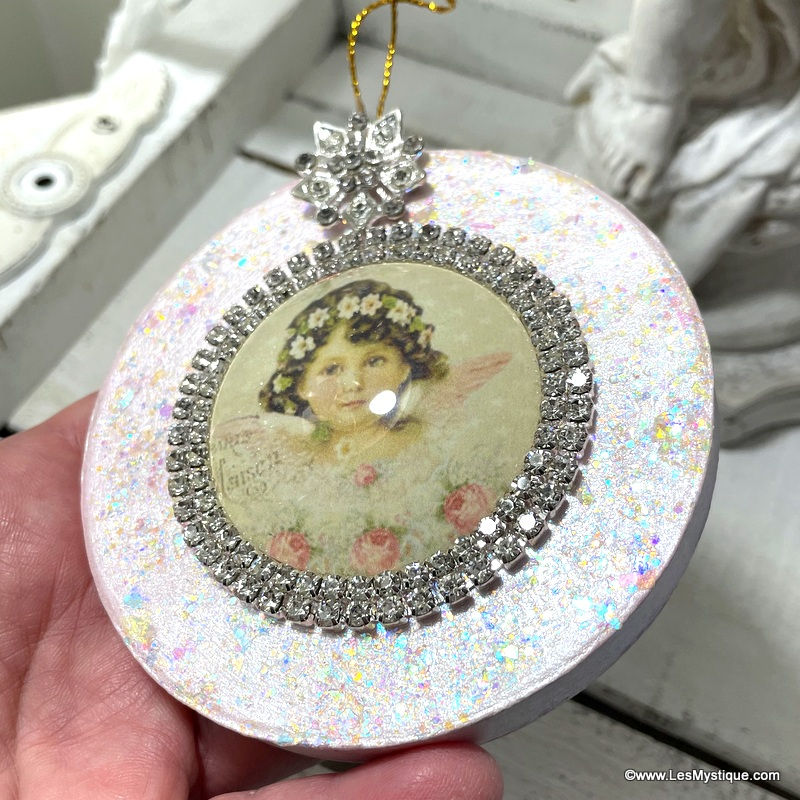Thumbnail: Rhinestone Victorian Angel Cameo Christmas Ornament Blush Pink glitter