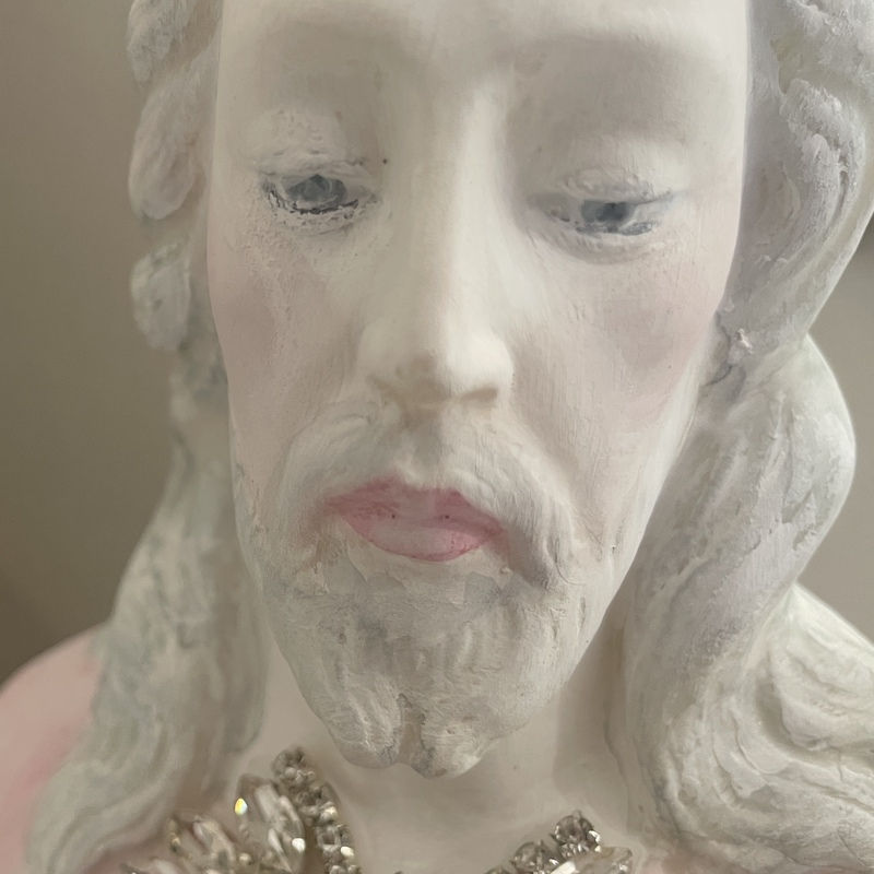 Thumbnail: Shabby French Sacred Heart of Jesus Vintage Statue, Pink White, Rhinestone Crown