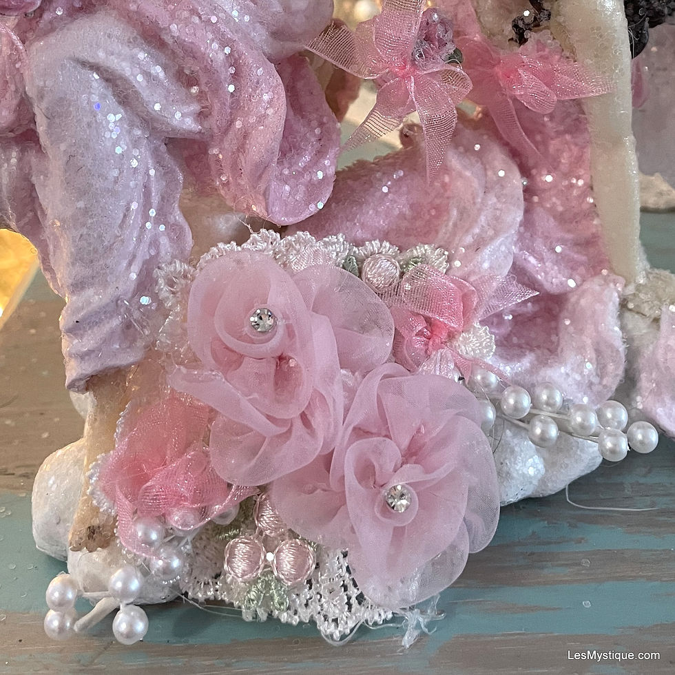 Thumbnail: Shabby Pink Angels Statue Glitter Covered Sculpture Pearl Rhinestone Embellished