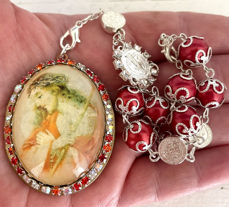 Thumbnail: Rhinestone Jesus Locket, Cameo Pendant, Prayer Beads Bracelet, Catholic Gifts