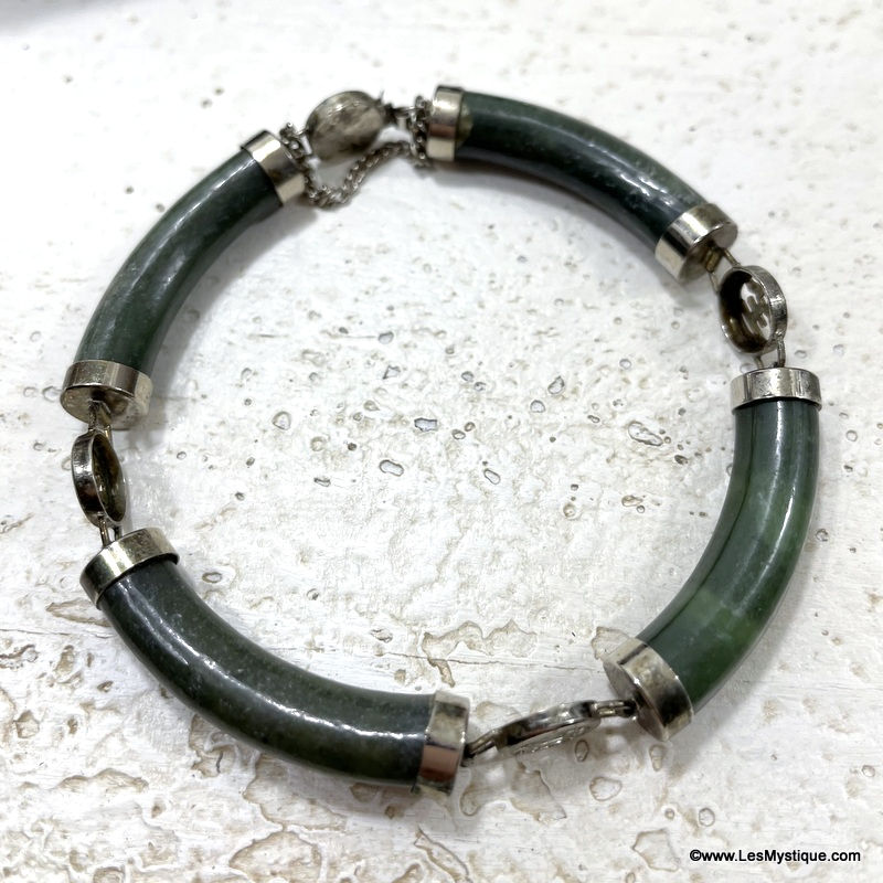 Thumbnail: Vintage Sterling Silver Jade Bracelet: Asian Jewelry, Abundance, Good Luck
