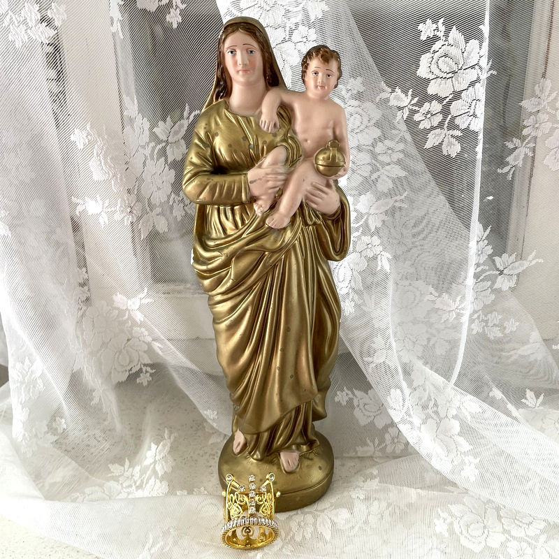 Thumbnail: Rare Antique Madonna and Child Statue Chalkware Virgin Mary with Crown