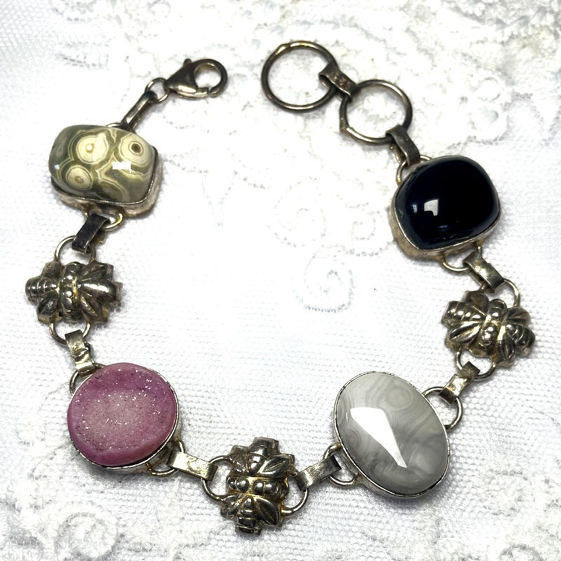 Thumbnail: Artistic Pink Drusy Agate Bracelet, Ocean Jasper, Vintage Art Jewelry