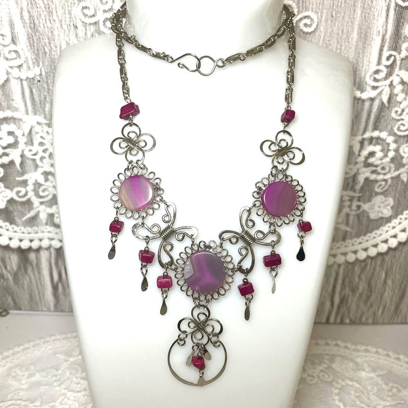 Thumbnail: Hot Pink Agate Dangle Necklace, Wire Wrapped, Gemstone Statement Jewe
