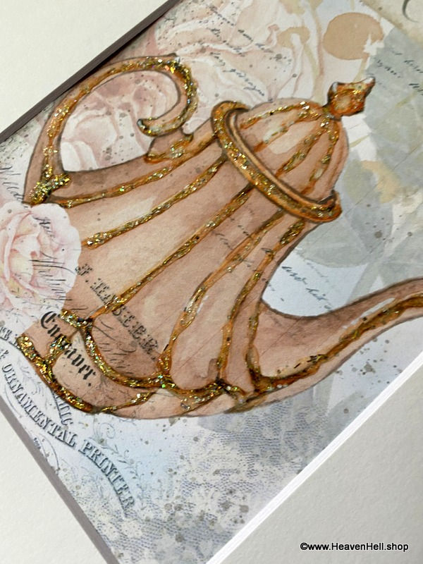 Thumbnail: 8x10 Shabby Kitchen Wall Art Tea Time Pink Teapot Pink Roses print, Glitter