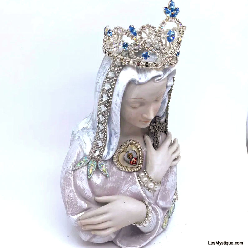 Thumbnail: Vintage Shabby Virgin Mary Statue, Rhinestone Crown Our Lady of Sorrows Planter