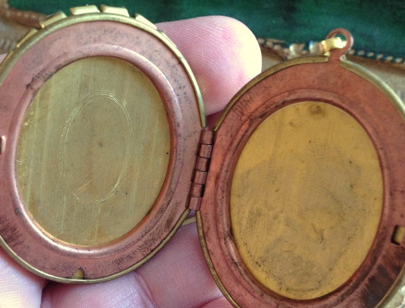 Thumbnail: Vintage Red Rhinestone Flaming Sacred Heart Locket, Porcelain Cameo Pendant