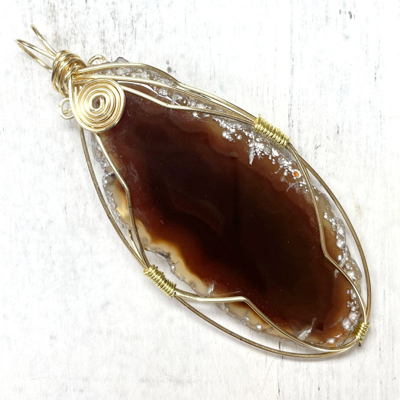 Thumbnail: Large Elegant Wire Wrapped Carnelian Agate Slice Pendant, GP Vintage Handcrafted