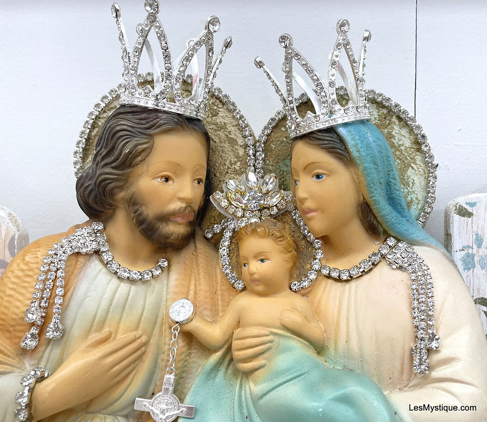 Thumbnail: Rhinestone Crowned Holy Family Statue Vintage Chalkware Nativity Wall Hanging