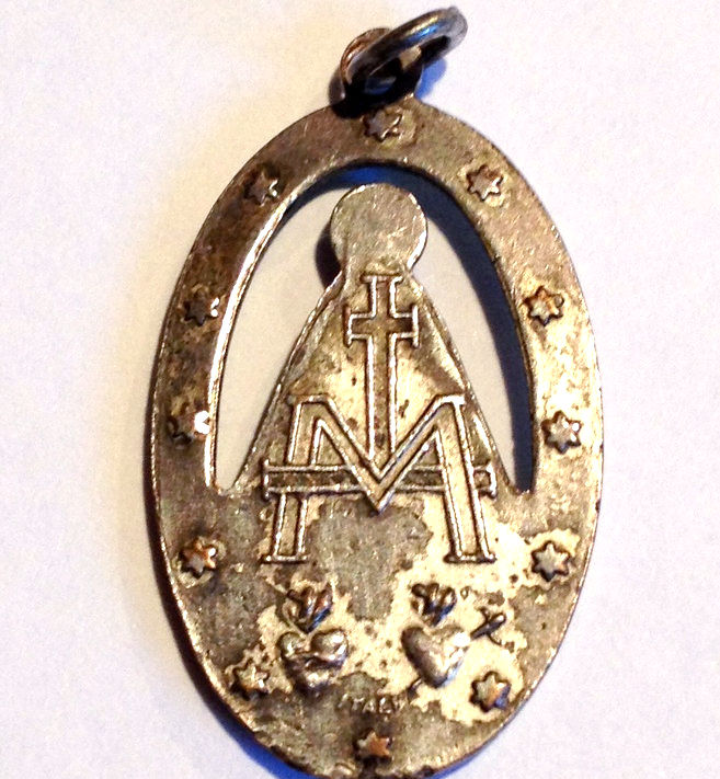 Thumbnail: Large Vintage Miraculous Medal Silver Blue Enamel Virgin Mary Religious Jewelry