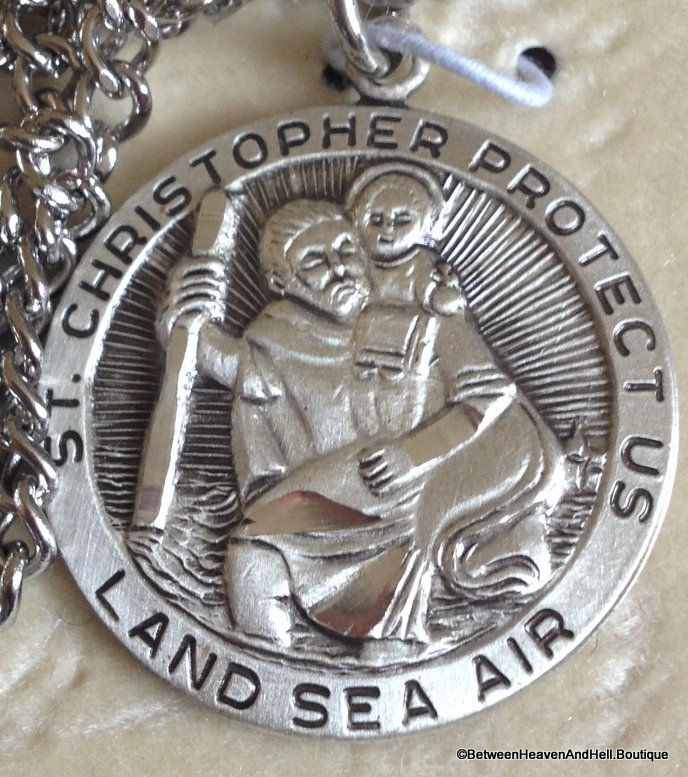 Thumbnail: Vintage Sterling Silver Land Sea Air Navy Saint Christopher Medal Men's Necklace