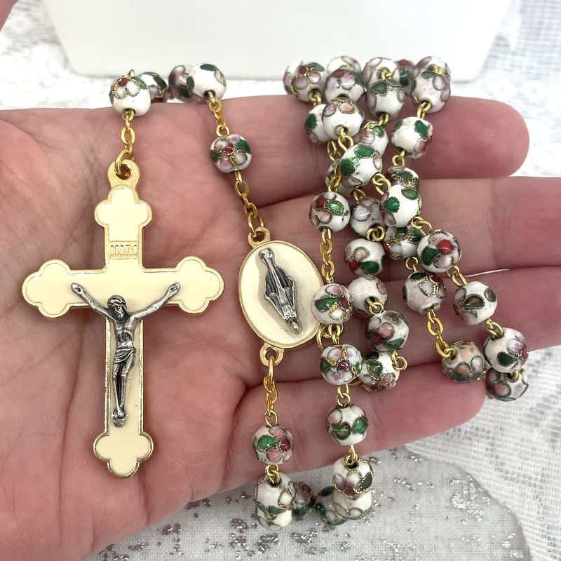 Thumbnail: Rosary Beads, Gold and White Cloisonne Rosaries, Our Lady Of Grace, Crucifix