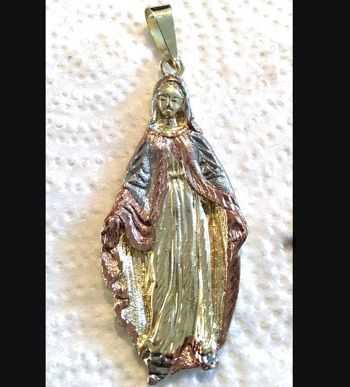 Thumbnail: Huge Tri-color Gold GP Virgin Mary Pendant, Our Lady Of Grace, Catholic Jewelry