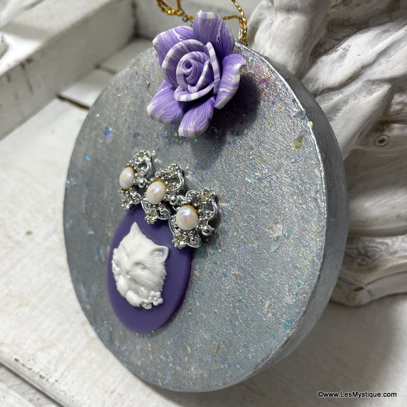 Thumbnail: Handcrafted Glitter Christmas Ornament Cat and Roses Cameo
