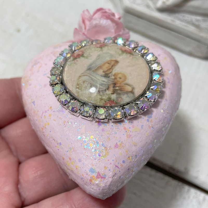 Thumbnail: Blush Pink Christmas Ornament Madonna and Child Glitter Rhinestone Cameo