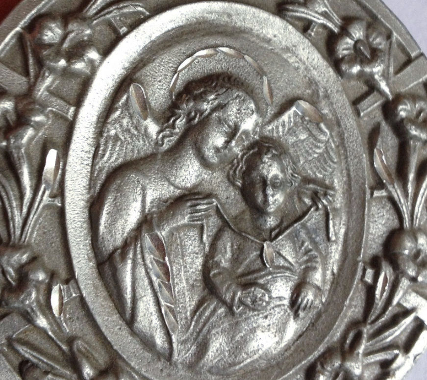 Thumbnail: Large Vintage Pewter Art Medal Guardian Angel Medallion, Crib Medal
