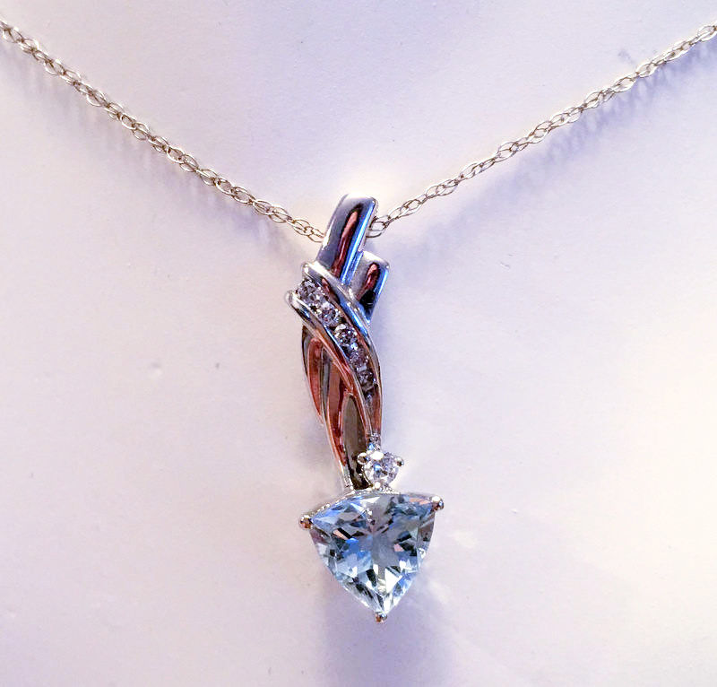 Thumbnail: 14k White Gold Trillion Cut Aquamarine & Diamond Pendant Necklace
