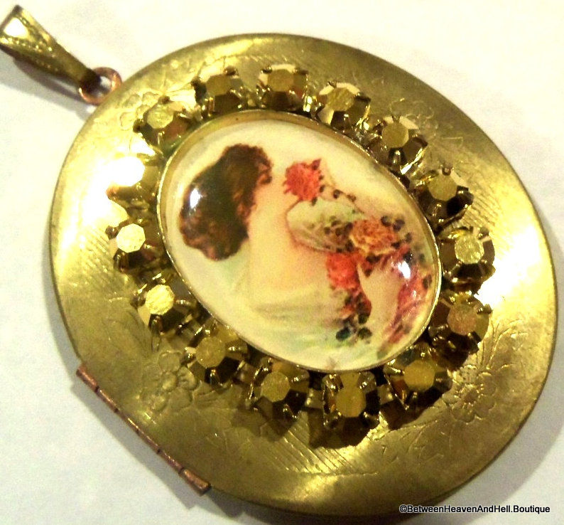 Thumbnail: Vintage Edwardian Woman Roses Locket Cameo Rhinestone Pendant
