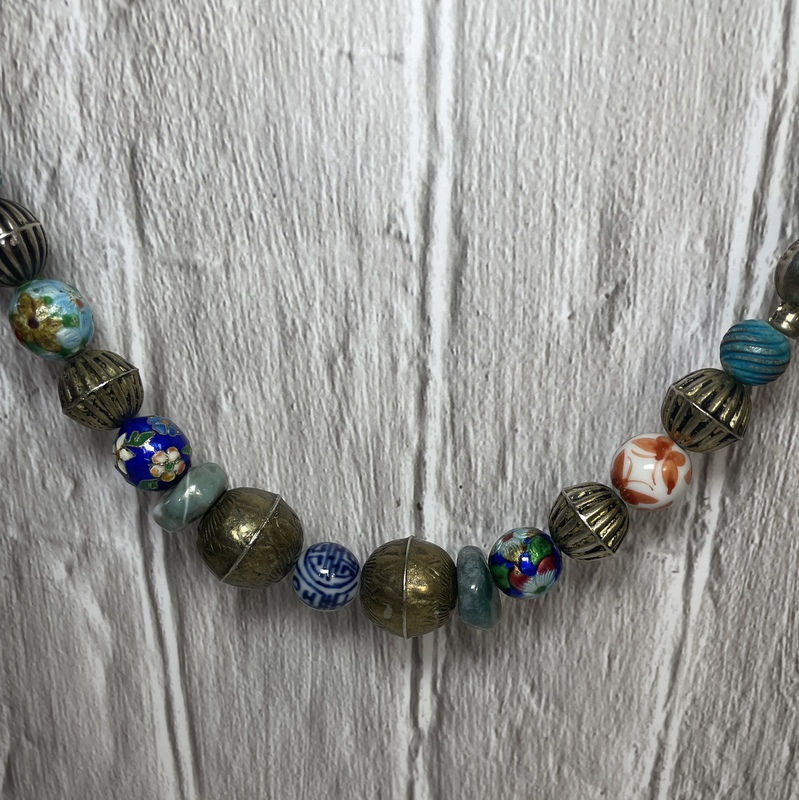 Thumbnail: Hand-painted Beads, Vintage Costume Jewelry, Retro Necklace, White