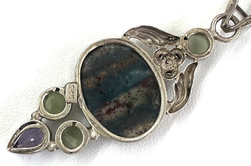 Thumbnail: Artistic Bloodstone Pendant, Prehnite, Vintage Silver Gemstone Art Jewelry