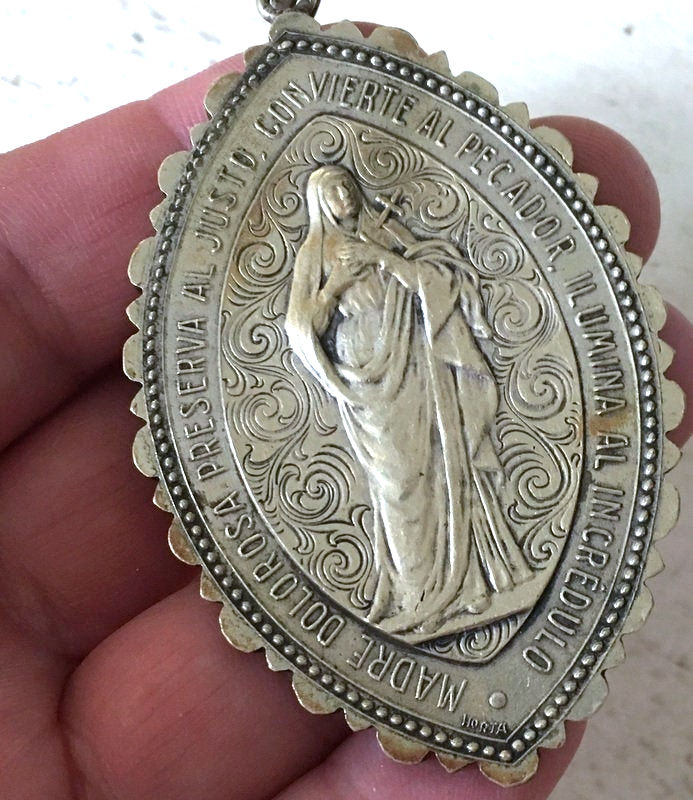 Thumbnail: Rare Antique Holy Medal Our Lady of Sorrows, St. Francis Xavier Signed Art Medal