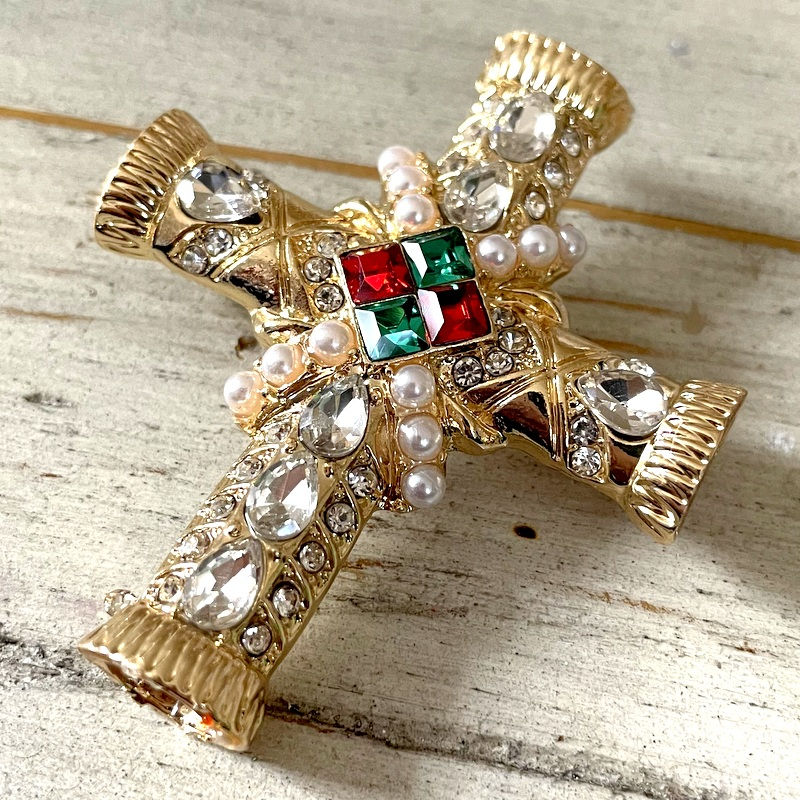 Thumbnail: Ornate Rhinestone Cross Brooch Christmas Holiday Religious Jewelry