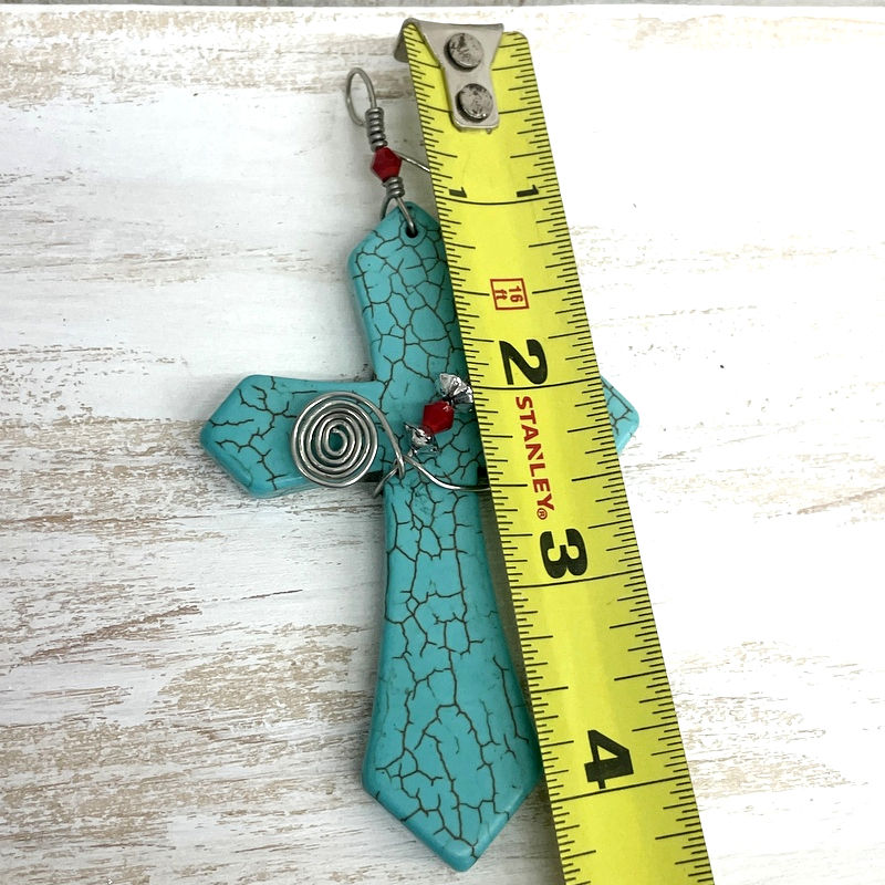Thumbnail: Large Boho Chic Cross Pendant, Wire Wrapped, Turquoise Howlite and Coral