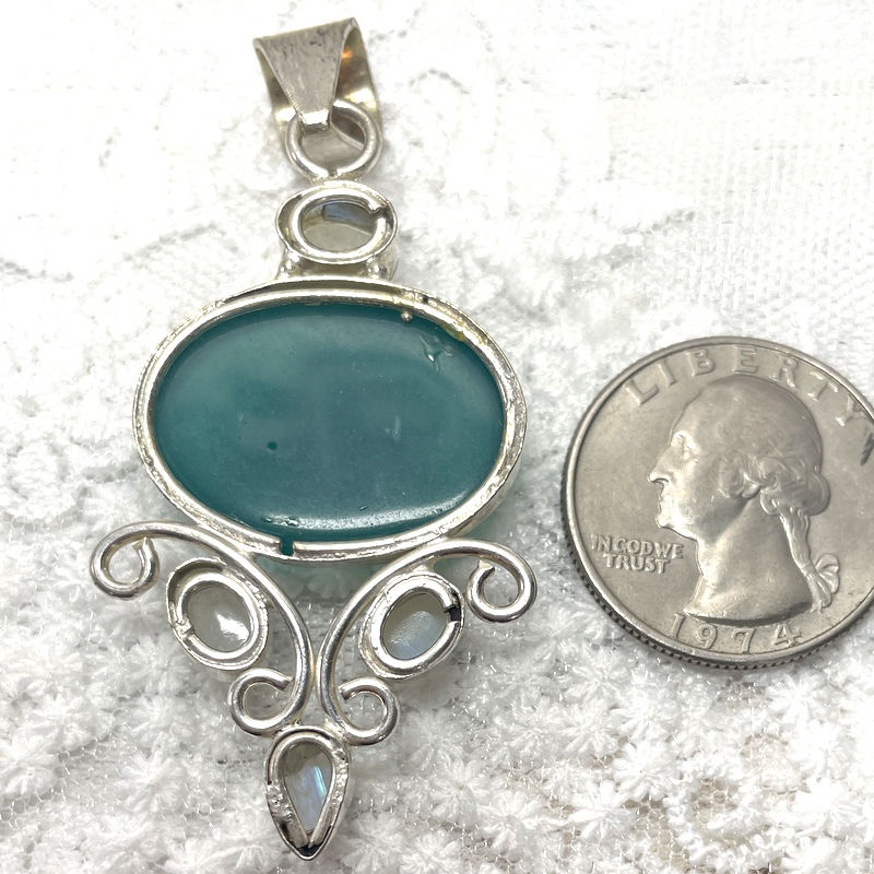 Thumbnail: Green Onyx and Moonstone Pendant, Vintage Artisan Silver Jewelry