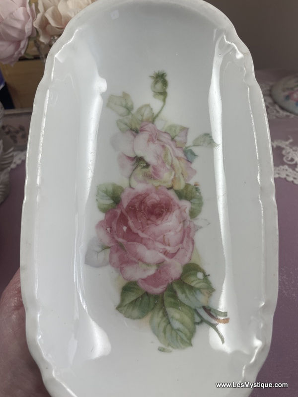 Thumbnail: Antique Dresser Tray - Pink Roses White Porcelain Shabby Chic Trinket Dish