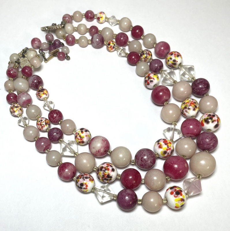 Thumbnail: Pink Vintage Glass Multi-strand Beads, Costume Jewelry, Retro Necklace