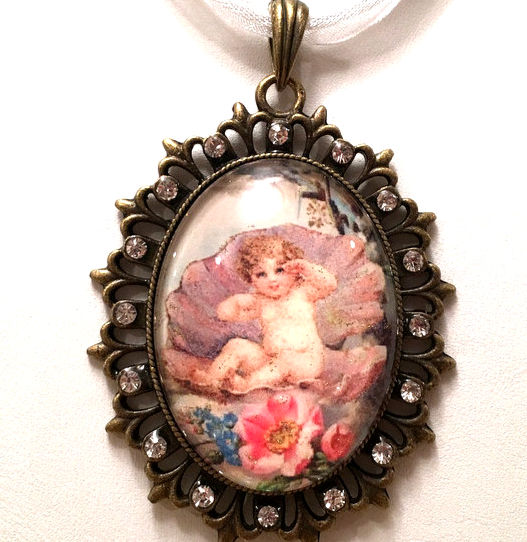 Vintage Art Cameo Pendant, Baby Mermaid, Artistic Rhinestone Jewelry