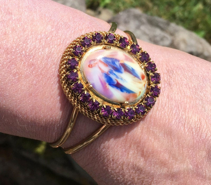 Thumbnail: Purple Rhinestone Our Lady of Grace Bracelet, Porcelain Cameo, Virgin Mary