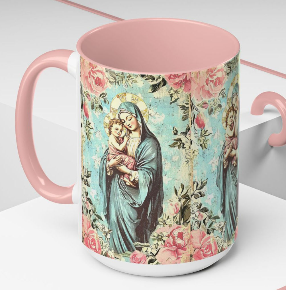 Shabby Virgin Mary Coffee Mug Pink Blue Madonna and Child Mother Mary Art Gifts