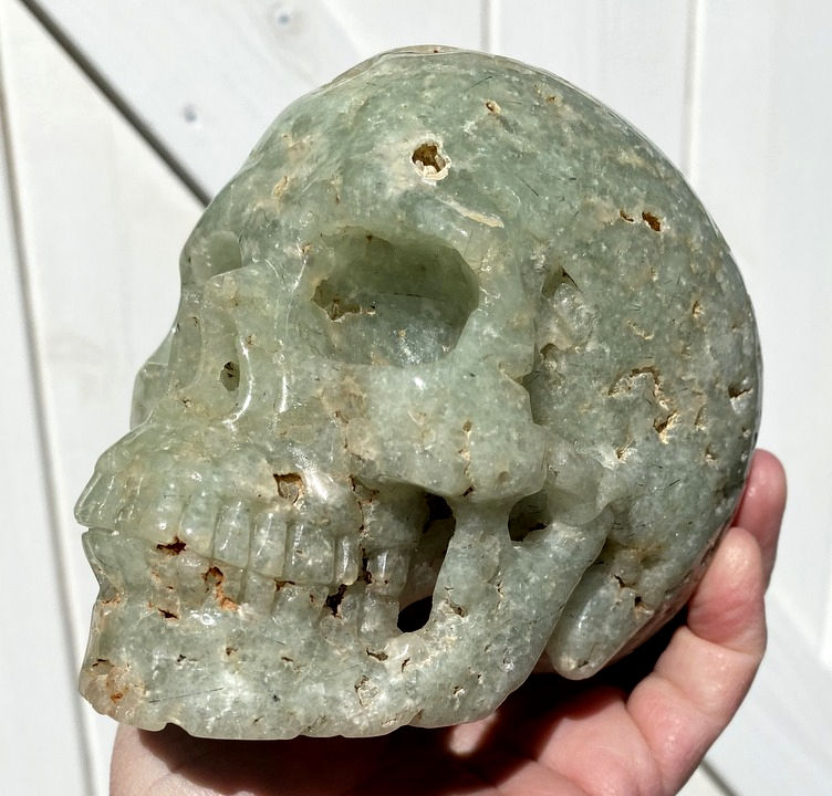 Thumbnail: Large Moss Prehnite Crystal Skull, Archangel Raphael, Spirit Guides