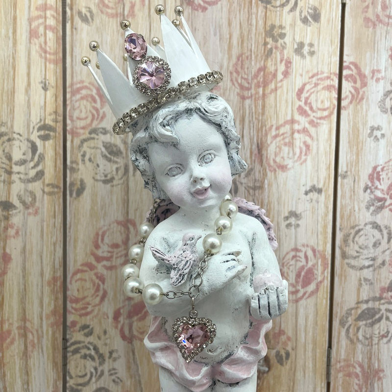 Thumbnail: Shabby Pink White Cherub with Bird Statue, Pink Rhinestone Crown, French Country