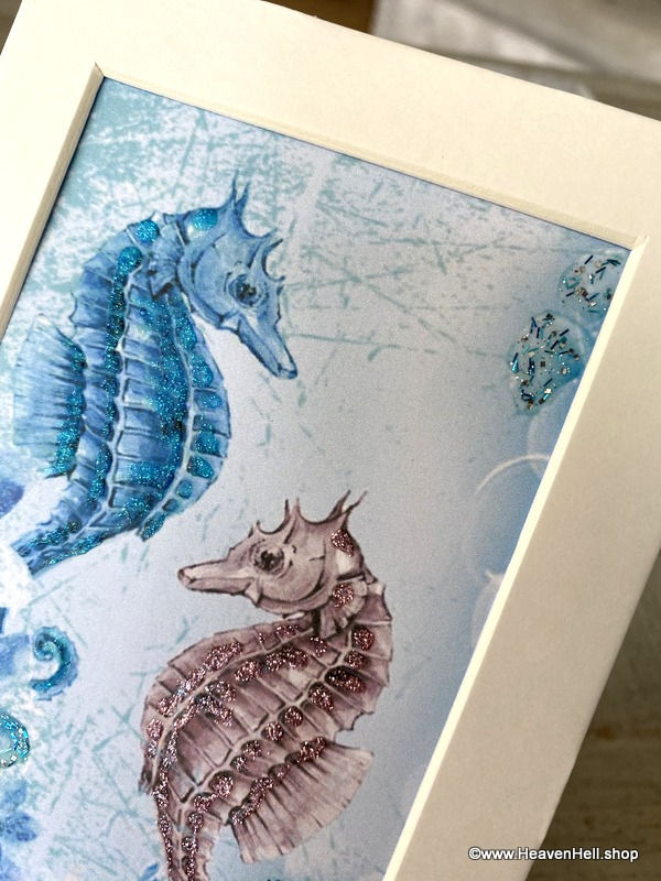 Thumbnail: 5x7 Beachy Wall Art Blue Pink Seahorse Glitter Print Bathroom Artwork